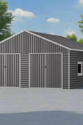 Exterior view of large metal storage shed with double doors

Side angle of steel storage building in backyard

Outdoor shed with steel construction and swing doors