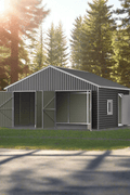 Exterior view of large metal storage shed with double doors

Side angle of steel storage building in backyard

Outdoor shed with steel construction and swing doors