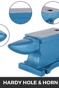 Close-up of cast iron anvil horn and hardy hole for forging
Drop-forged blacksmith anvil with flat surface and blue finish
Side view of 400 LB anvil used for metalworking and welding
Blue cast iron anvil showing base and working surface