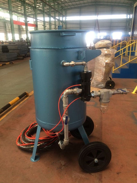 “Yellow 200L industrial sandblaster pot on wheels”

“High-capacity blasting machine with control panel”

“Included parts and components of sandblasting system”


