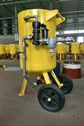 “Yellow 200L industrial sandblaster pot on wheels”

“High-capacity blasting machine with control panel”

“Included parts and components of sandblasting system”

