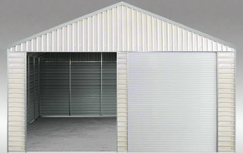 “Front view of 21x19 FT metal garage shed with electric roll-up doors”

“Side view of heavy-duty double metal garage shed structure”

“Spacious steel shed ideal for vehicle or equipment storage”