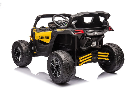 Neon Green 24V Can-Am UTV ride-on car for kids

Side view of Can-Am Maverick electric kids vehicle

Rear suspension view of 2-seater ride-on UTV

LED headlight detail on Can-Am ride-on

Kids ride-on off-road UTV in Neon Pink