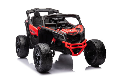 Neon Green 24V Can-Am UTV ride-on car for kids

Side view of Can-Am Maverick electric kids vehicle

Rear suspension view of 2-seater ride-on UTV

LED headlight detail on Can-Am ride-on

Kids ride-on off-road UTV in Neon Pink