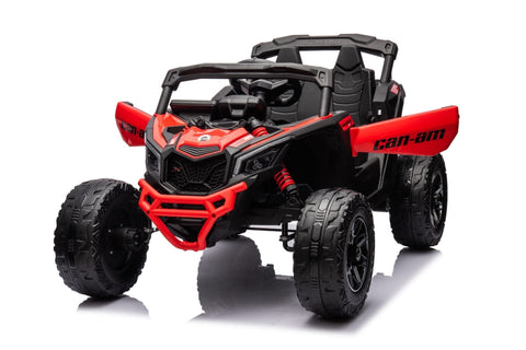 Neon Green 24V Can-Am UTV ride-on car for kids

Side view of Can-Am Maverick electric kids vehicle

Rear suspension view of 2-seater ride-on UTV

LED headlight detail on Can-Am ride-on

Kids ride-on off-road UTV in Neon Pink