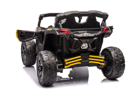 Neon Green 24V Can-Am UTV ride-on car for kids

Side view of Can-Am Maverick electric kids vehicle

Rear suspension view of 2-seater ride-on UTV

LED headlight detail on Can-Am ride-on

Kids ride-on off-road UTV in Neon Pink