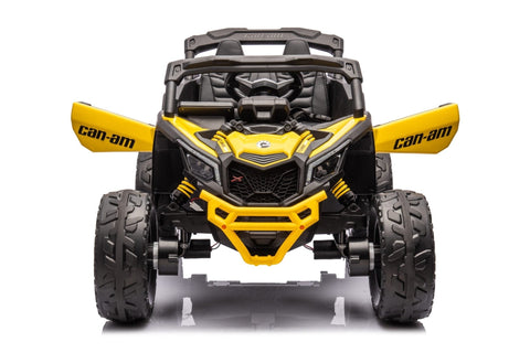 Neon Green 24V Can-Am UTV ride-on car for kids

Side view of Can-Am Maverick electric kids vehicle

Rear suspension view of 2-seater ride-on UTV

LED headlight detail on Can-Am ride-on

Kids ride-on off-road UTV in Neon Pink