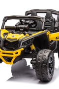 Neon Green 24V Can-Am UTV ride-on car for kids

Side view of Can-Am Maverick electric kids vehicle

Rear suspension view of 2-seater ride-on UTV

LED headlight detail on Can-Am ride-on

Kids ride-on off-road UTV in Neon Pink