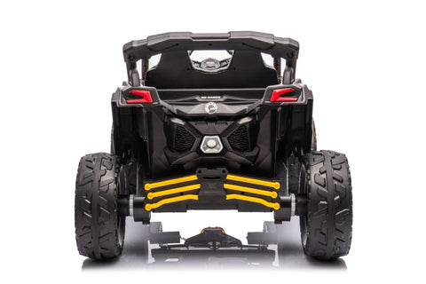 Neon Green 24V Can-Am UTV ride-on car for kids

Side view of Can-Am Maverick electric kids vehicle

Rear suspension view of 2-seater ride-on UTV

LED headlight detail on Can-Am ride-on

Kids ride-on off-road UTV in Neon Pink