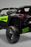 Neon Green 24V Can-Am UTV ride-on car for kids

Side view of Can-Am Maverick electric kids vehicle

Rear suspension view of 2-seater ride-on UTV

LED headlight detail on Can-Am ride-on

Kids ride-on off-road UTV in Neon Pink