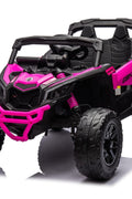 Neon Green 24V Can-Am UTV ride-on car for kids

Side view of Can-Am Maverick electric kids vehicle

Rear suspension view of 2-seater ride-on UTV

LED headlight detail on Can-Am ride-on

Kids ride-on off-road UTV in Neon Pink