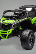 Neon Green 24V Can-Am UTV ride-on car for kids

Side view of Can-Am Maverick electric kids vehicle

Rear suspension view of 2-seater ride-on UTV

LED headlight detail on Can-Am ride-on

Kids ride-on off-road UTV in Neon Pink