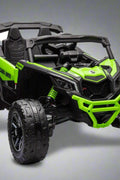 Neon Green 24V Can-Am UTV ride-on car for kids

Side view of Can-Am Maverick electric kids vehicle

Rear suspension view of 2-seater ride-on UTV

LED headlight detail on Can-Am ride-on

Kids ride-on off-road UTV in Neon Pink