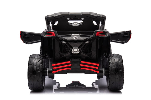 Neon Green 24V Can-Am UTV ride-on car for kids

Side view of Can-Am Maverick electric kids vehicle

Rear suspension view of 2-seater ride-on UTV

LED headlight detail on Can-Am ride-on

Kids ride-on off-road UTV in Neon Pink