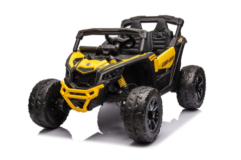 Neon Green 24V Can-Am UTV ride-on car for kids

Side view of Can-Am Maverick electric kids vehicle

Rear suspension view of 2-seater ride-on UTV

LED headlight detail on Can-Am ride-on

Kids ride-on off-road UTV in Neon Pink