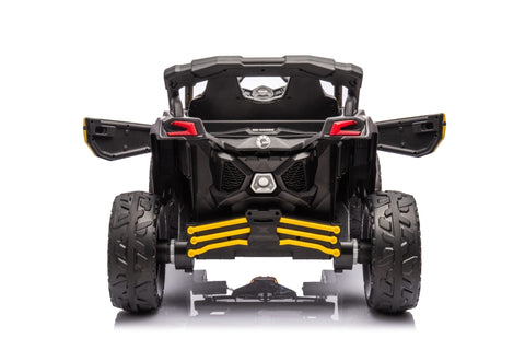 Neon Green 24V Can-Am UTV ride-on car for kids

Side view of Can-Am Maverick electric kids vehicle

Rear suspension view of 2-seater ride-on UTV

LED headlight detail on Can-Am ride-on

Kids ride-on off-road UTV in Neon Pink