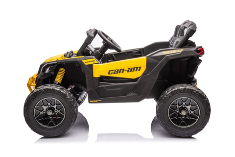 Neon Green 24V Can-Am UTV ride-on car for kids

Side view of Can-Am Maverick electric kids vehicle

Rear suspension view of 2-seater ride-on UTV

LED headlight detail on Can-Am ride-on

Kids ride-on off-road UTV in Neon Pink