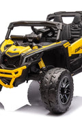 Neon Green 24V Can-Am UTV ride-on car for kids

Side view of Can-Am Maverick electric kids vehicle

Rear suspension view of 2-seater ride-on UTV

LED headlight detail on Can-Am ride-on

Kids ride-on off-road UTV in Neon Pink