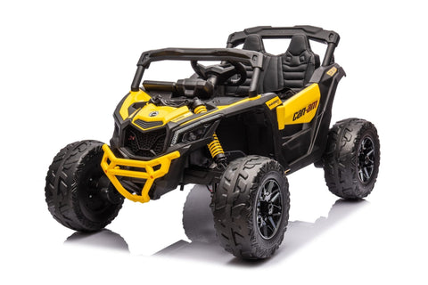 Neon Green 24V Can-Am UTV ride-on car for kids

Side view of Can-Am Maverick electric kids vehicle

Rear suspension view of 2-seater ride-on UTV

LED headlight detail on Can-Am ride-on

Kids ride-on off-road UTV in Neon Pink