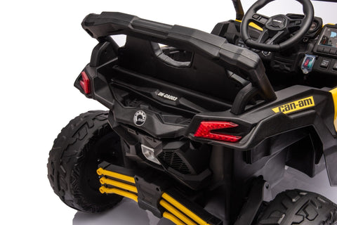Neon Green 24V Can-Am UTV ride-on car for kids

Side view of Can-Am Maverick electric kids vehicle

Rear suspension view of 2-seater ride-on UTV

LED headlight detail on Can-Am ride-on

Kids ride-on off-road UTV in Neon Pink