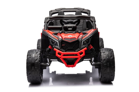 Neon Green 24V Can-Am UTV ride-on car for kids

Side view of Can-Am Maverick electric kids vehicle

Rear suspension view of 2-seater ride-on UTV

LED headlight detail on Can-Am ride-on

Kids ride-on off-road UTV in Neon Pink