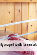 Butcher slicing meat with 25 inch stainless bone saw – trigger lock shown

Close-up of blade tension system on 25 inch meat bone saw
