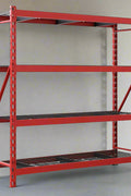 Red metal garage shelving frame with locking slots and cross support