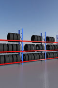 Heavy-duty steel tire rack installed in garage

3-bay expandable tire rack system with blue frame

26 FT long steel racking unit for tire display