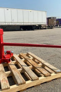 Red 3-point gooseneck hitch with bale spear mount
Tractor trailer hitch attachment with hay spear slots
Reinforced hitch frame for Conus 2 and Conus 1 spear placement
3-point trailer hitch attachment mounted on tractor
Spear holes and 2” trailer receiver on attachment frame