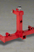 Red 3-point gooseneck hitch with bale spear mount
Tractor trailer hitch attachment with hay spear slots
Reinforced hitch frame for Conus 2 and Conus 1 spear placement
3-point trailer hitch attachment mounted on tractor
Spear holes and 2” trailer receiver on attachment frame