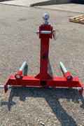Red 3-point gooseneck hitch with bale spear mount
Tractor trailer hitch attachment with hay spear slots
Reinforced hitch frame for Conus 2 and Conus 1 spear placement
3-point trailer hitch attachment mounted on tractor
Spear holes and 2” trailer receiver on attachment frame