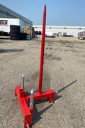 Red 3-point gooseneck hitch with bale spear mount
Tractor trailer hitch attachment with hay spear slots
Reinforced hitch frame for Conus 2 and Conus 1 spear placement
3-point trailer hitch attachment mounted on tractor
Spear holes and 2” trailer receiver on attachment frame
