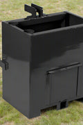 Black ballast box attachment on tractor for rear counterweight
Close-up of Category 1 3-point hitch ballast box
Ballast box filled and mounted on tractor for stability