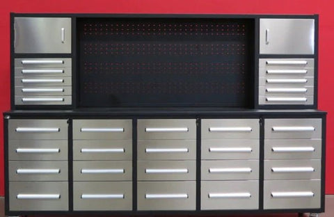 10 FT stainless steel workbench with 30 locking drawers
Heavy-duty garage tool storage cabinet with aluminum top
Industrial tool bench with black steel frame and red handles
30-drawer garage organizer with anti-slip liners and lockable drawers