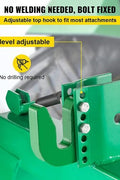 3-point green quick hitch for Category 1 & 2 tractors – heavy-duty steel
Spring-loaded quick hitch with pin hooks and lift arms
Tractor quick hitch in use with implement attached
Quick hitch attachment showing latch and hook configuration