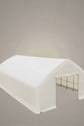 Side view of heavy-duty outdoor warehouse shelter with UV-resistant white cover