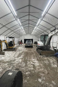 Interior spacious view of industrial storage building with galvanized frame