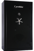 "Black fireproof 36 gun safe with electronic keypad lock"

"Adjustable interior of large 50-gun capacity safe"

"Secure gun safe lock close-up with override key"

"50-gun fire-rated safe exterior textured black finish"