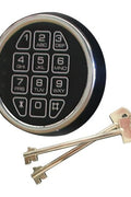 "Black fireproof 36 gun safe with electronic keypad lock"

"Adjustable interior of large 50-gun capacity safe"

"Secure gun safe lock close-up with override key"

"50-gun fire-rated safe exterior textured black finish"