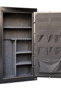 "Black fireproof 36 gun safe with electronic keypad lock"

"Adjustable interior of large 50-gun capacity safe"

"Secure gun safe lock close-up with override key"

"50-gun fire-rated safe exterior textured black finish"