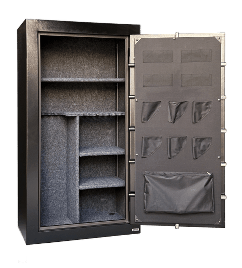 "Black fireproof 36 gun safe with electronic keypad lock"

"Adjustable interior of large 50-gun capacity safe"

"Secure gun safe lock close-up with override key"

"50-gun fire-rated safe exterior textured black finish"