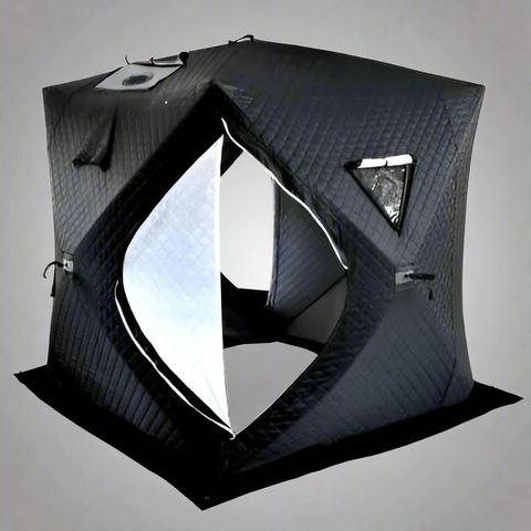 "Heavy-duty insulated pop-up ice fishing tent for 4-6 people"

"Black pop-up ice shelter with durable waterproof construction"

"Spacious insulated tent for winter camping and ice fishing"

"Pop-up setup ice fishing tent with chimney port option"

"Portable insulated ice fishing shelter with heavy-duty fabric"