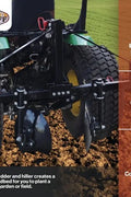 4 FT disc harrow garden tiller with 14” notched discs – black steel frame
Pull-behind disc tiller with 3-point hitch connection – 43-inch width
Field Tuff disc harrow tiller attachment for Category 1 tractors
Close-up of notched disc blades and angled shaft for deep tilling