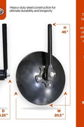 4 FT disc harrow garden tiller with 14” notched discs – black steel frame
Pull-behind disc tiller with 3-point hitch connection – 43-inch width
Field Tuff disc harrow tiller attachment for Category 1 tractors
Close-up of notched disc blades and angled shaft for deep tilling