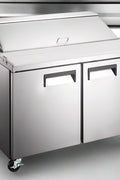 4ft stainless steel salad sandwich prep table with cutting board
Commercial prep table with refrigerated storage
Open sandwich station showing interior shelves and pans
