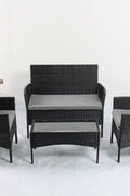 4 PCS Outdoor PE Rattan Furniture Set – Black Patio Sofa Chairs with Cushions and Glass Coffee Table