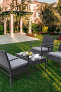 Black rattan outdoor furniture set with loveseat and chairs
4-piece outdoor patio set with glass coffee table on patio
Weather-resistant black PE rattan seating with cushions
Loveseat and two single chairs outdoor set with glass table