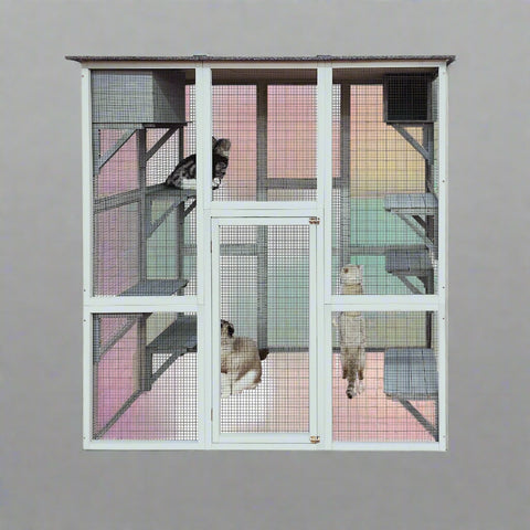 4-tier outdoor wooden catio with nesting boxes and waterproof roof
