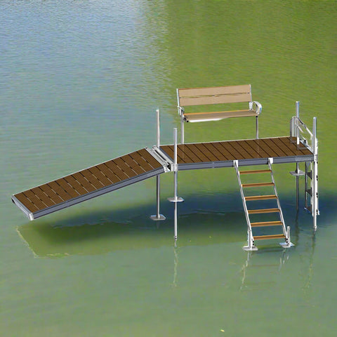 Complete aluminum dock system with wood grain vinyl decking
4x10 FT aluminum dock section by water
Aluminum dock kit with base plates and auger ends
Lakefront dock system installation with ramp connector