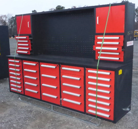 Deluxe 10 FT Tool Workbench System with 40 Red Drawers and Pegboard

Drawer Detail: Lockable Red Tool Cabinet Drawers with Smooth Slides

Pegboard View: Steel Pegboard Panel with Hanging Tool Storage

Blue Variant: Blue 10 FT Tool Cabinet Workstation with Upper and Lower Cabinets

Side Angle: Heavy-Duty Tool Workbench in Blue or Red Finish – Side Profile